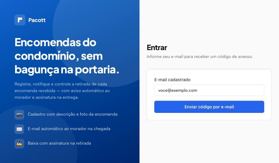Tela de login com código por e-mail